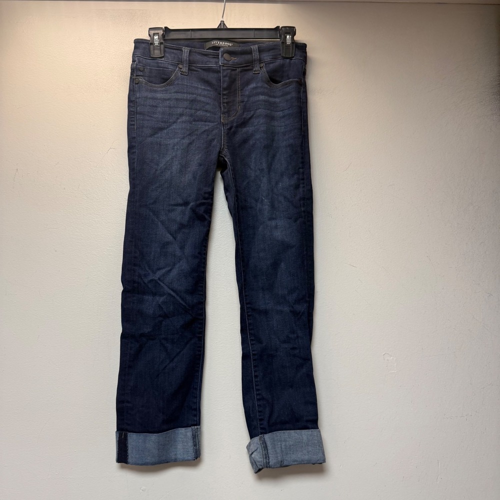 Liverpool Jeans Women 2/26 Dark Blue Excellent Cuffed Mid Rise Straight 19453